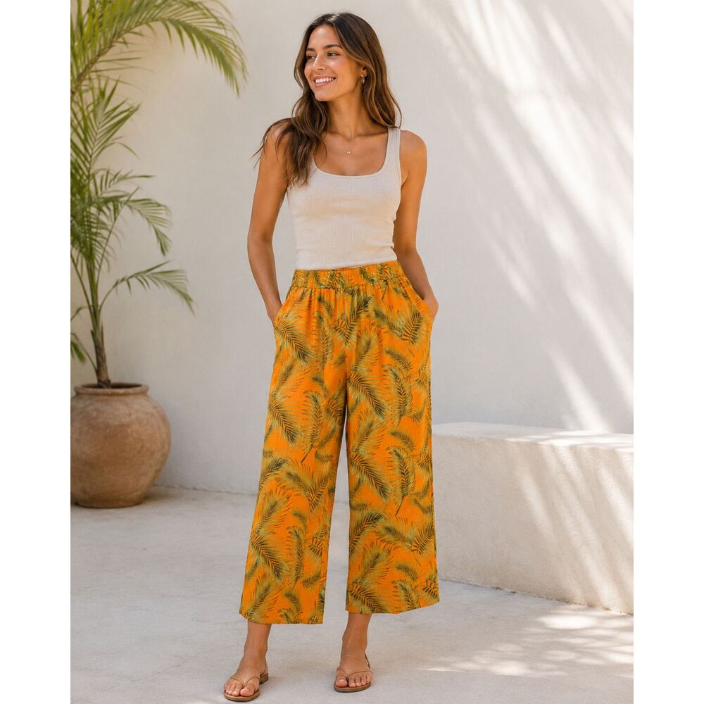 Tropical Palm Leaf Cropped Wide Leg Pants Resort Vacation Beach Lounge - Picture 1 of 9